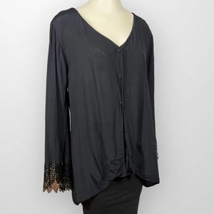 Vintage Celia Tejada Blouse (L) Bell Sleeves Crochet Lace Cuffs USA Rayon Black